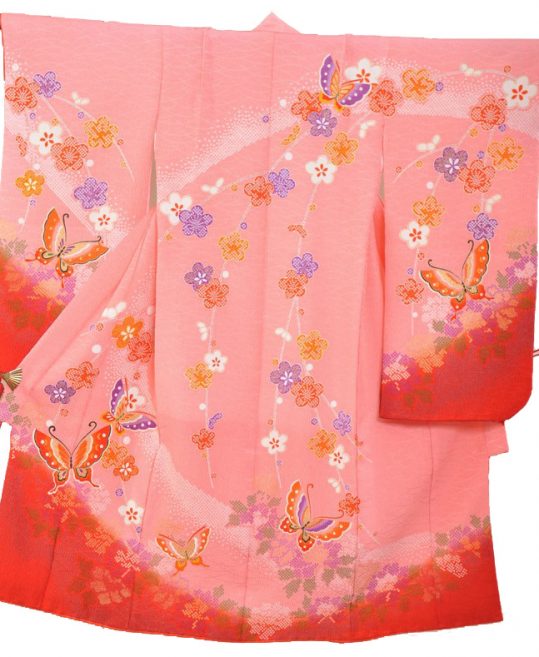 七五三 3歳 女の子用  三つ身 No.140 P | 淡いピンク色 絞り風 蝶に梅